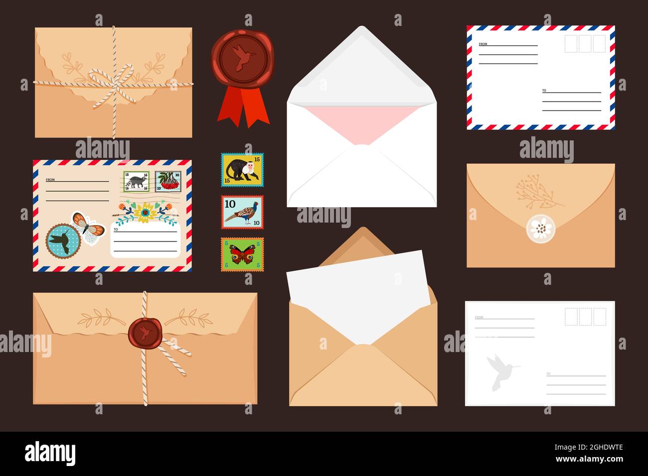 Raccolta di diversi buste aperte e chiuse con francobolli e sigillo in cera Illustrazione Vettoriale