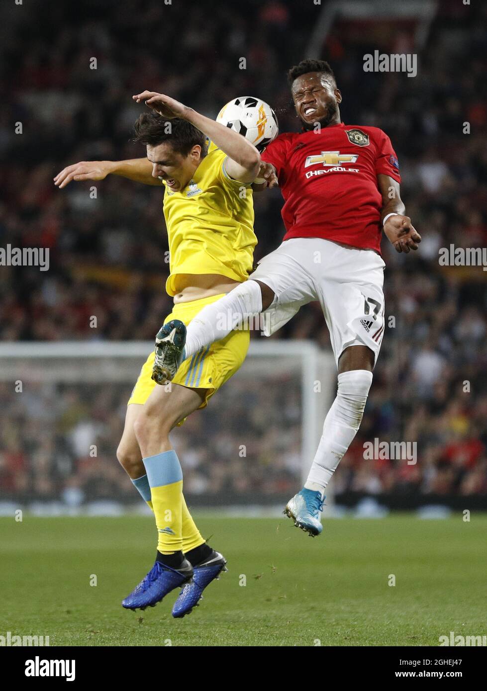 Fred of Manchester United sfida Dorin Rotariu del FC Astana durante la partita della UEFA Europa League a Old Trafford, Manchester. Data foto: 19 settembre 2019. Il credito dovrebbe essere: Darren Staples/Sportimage via PA Images Foto Stock