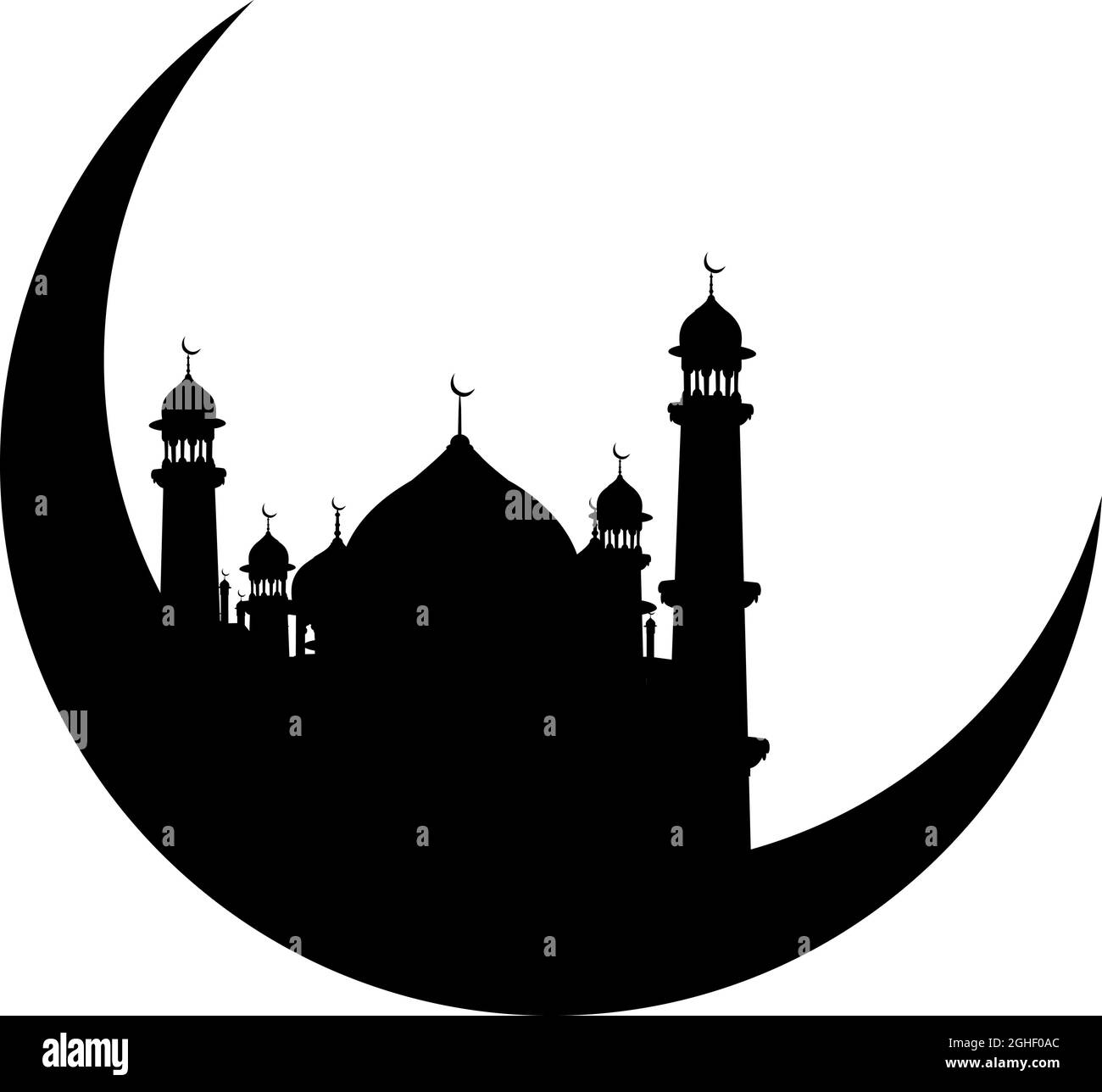 Silhouette di paesaggio urbano islamico con moschee e minareti con mezzenti sulle cime Illustrazione Vettoriale