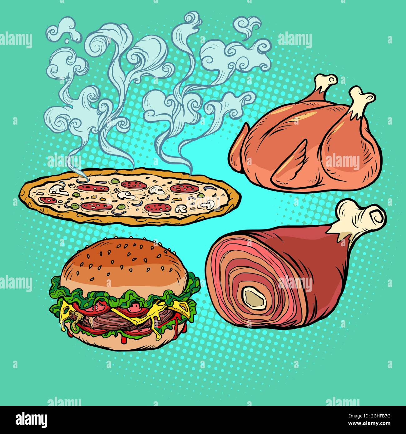 Cibo delizioso hamburger pizza carne fuso a snodo pollame fritto Illustrazione Vettoriale