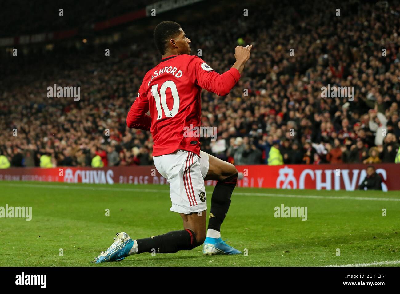 Marcus Rashford del Manchester United festeggia il suo terzo obiettivo del gioco durante la partita della Premier League a Old Trafford, Manchester. Data foto: 26 dicembre 2019. Il credito d'immagine dovrebbe essere: James Wilson/Sportimage via PA Images Foto Stock