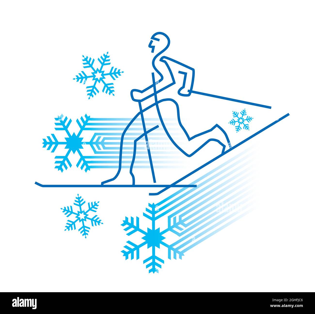 Sciatore di fondo con simboli di fiocco di neve. Illustrazione decorativa dei concorrenti dello sci nordico. Concetto di cera da sci. Vettore disponibile. Illustrazione Vettoriale