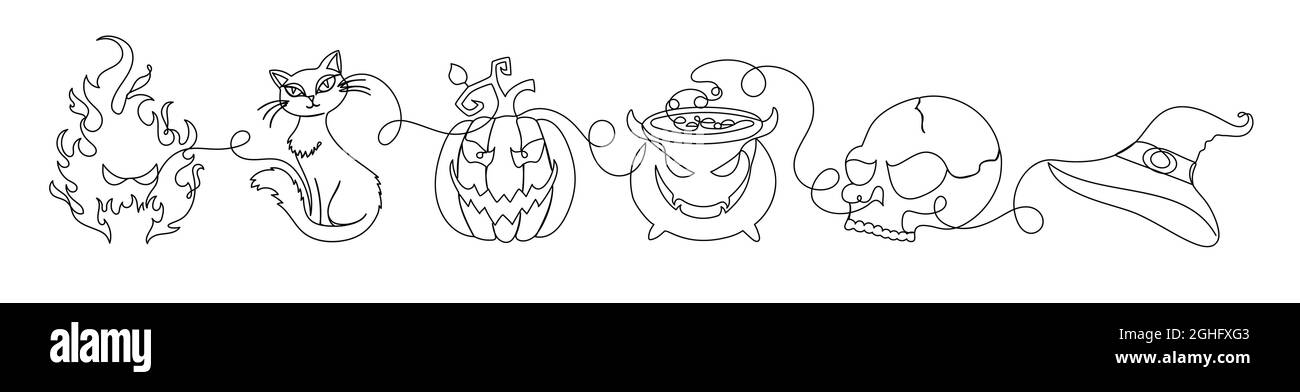 Halloween in stile lineare disegnato a mano. Illustrazione Vettoriale