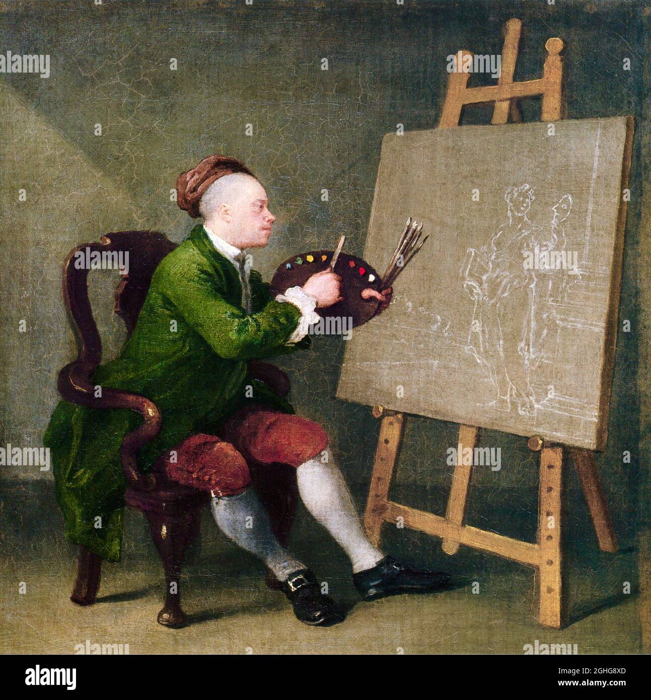 Illustrazione di William Hogarth - Ritratto di auto - artista all'Easel - circa 1757 Foto Stock