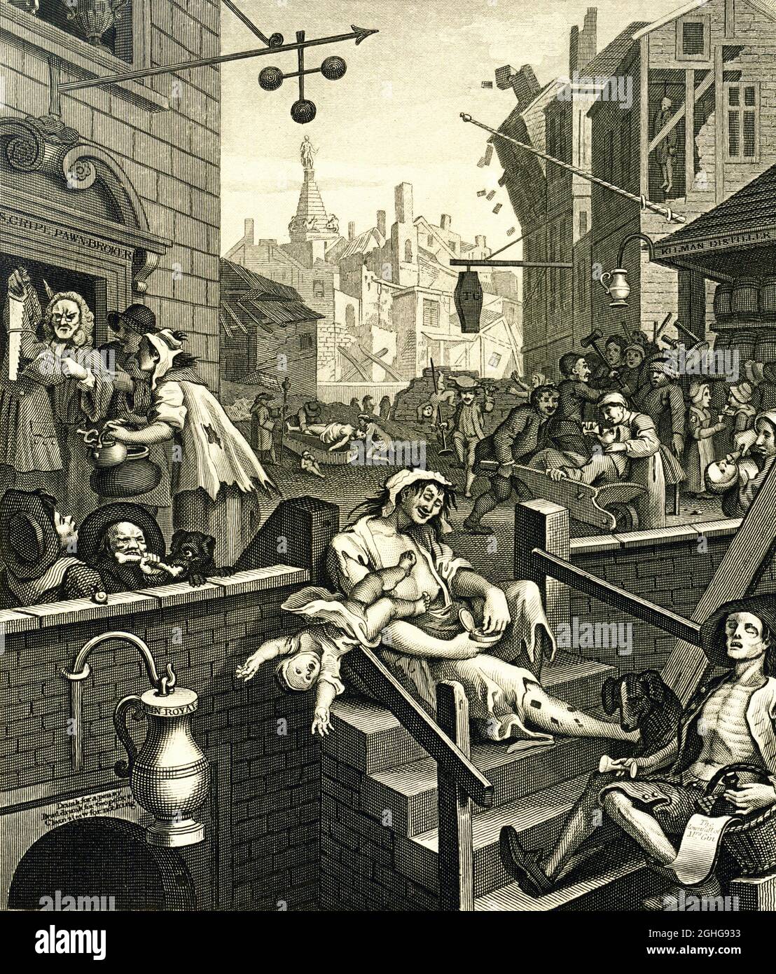 Illustrazione di William Hogarth - Gin Lane - 1751 Foto Stock