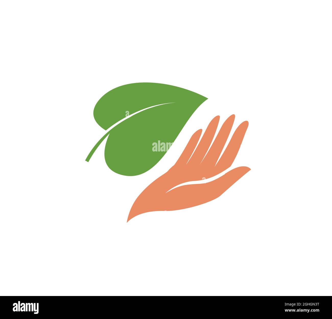 Mano con logo a foglia verde. Icona o simbolo del prodotto naturale e biologico. Illustrazione vettoriale Illustrazione Vettoriale