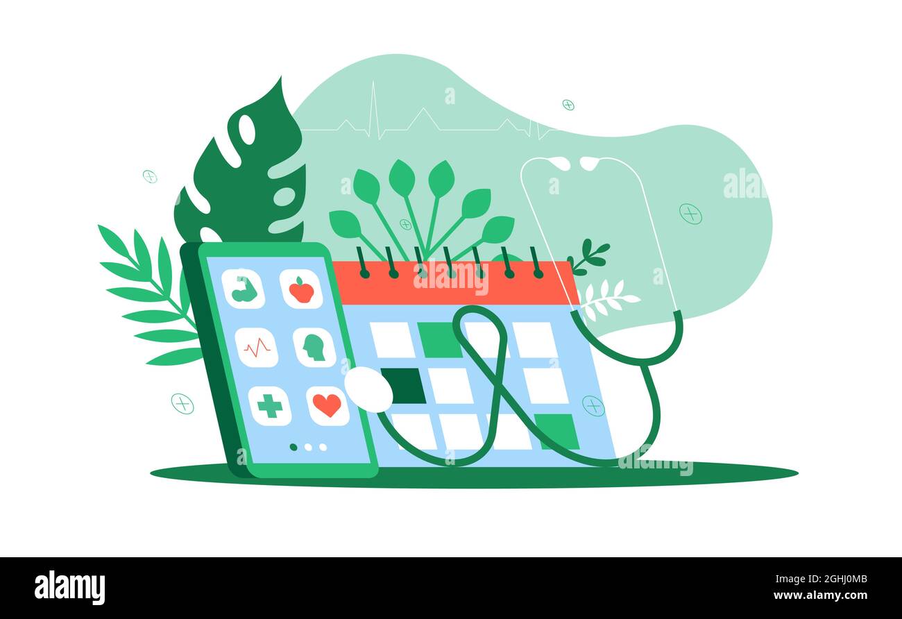 Moderno telefono medico concetto di illustrazione app con calendario planner e stetoscopio medico per la consultazione online medicina o controllo di salute su isolato Illustrazione Vettoriale