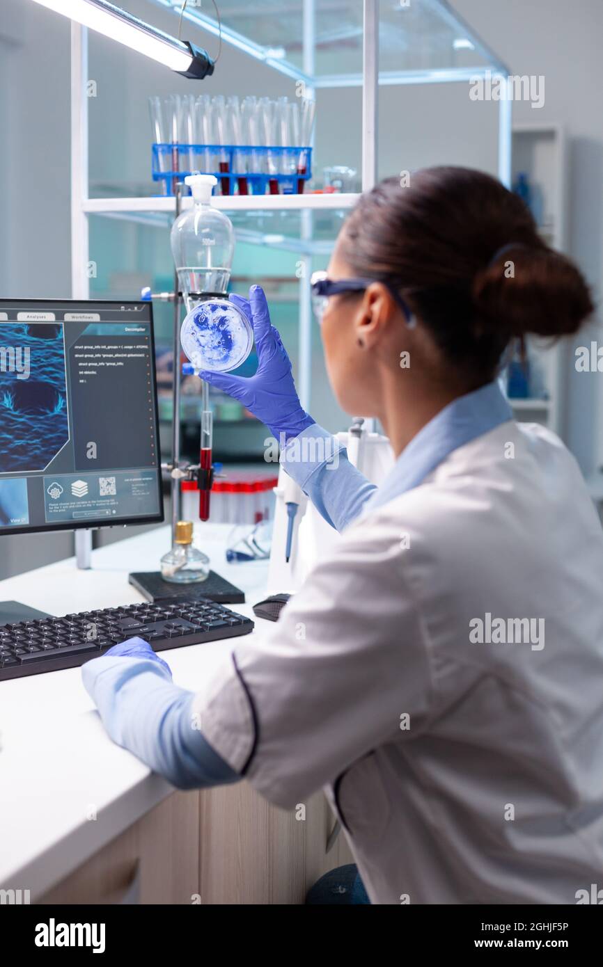 Biologa donna che osserva il virus dei batteri usando la piastra medica di Petri che lavora all'esperimento di infezione genetica in laboratorio dell'ospedale di biochimica. Medico scienziato che esamina il campione di microrganismo Foto Stock