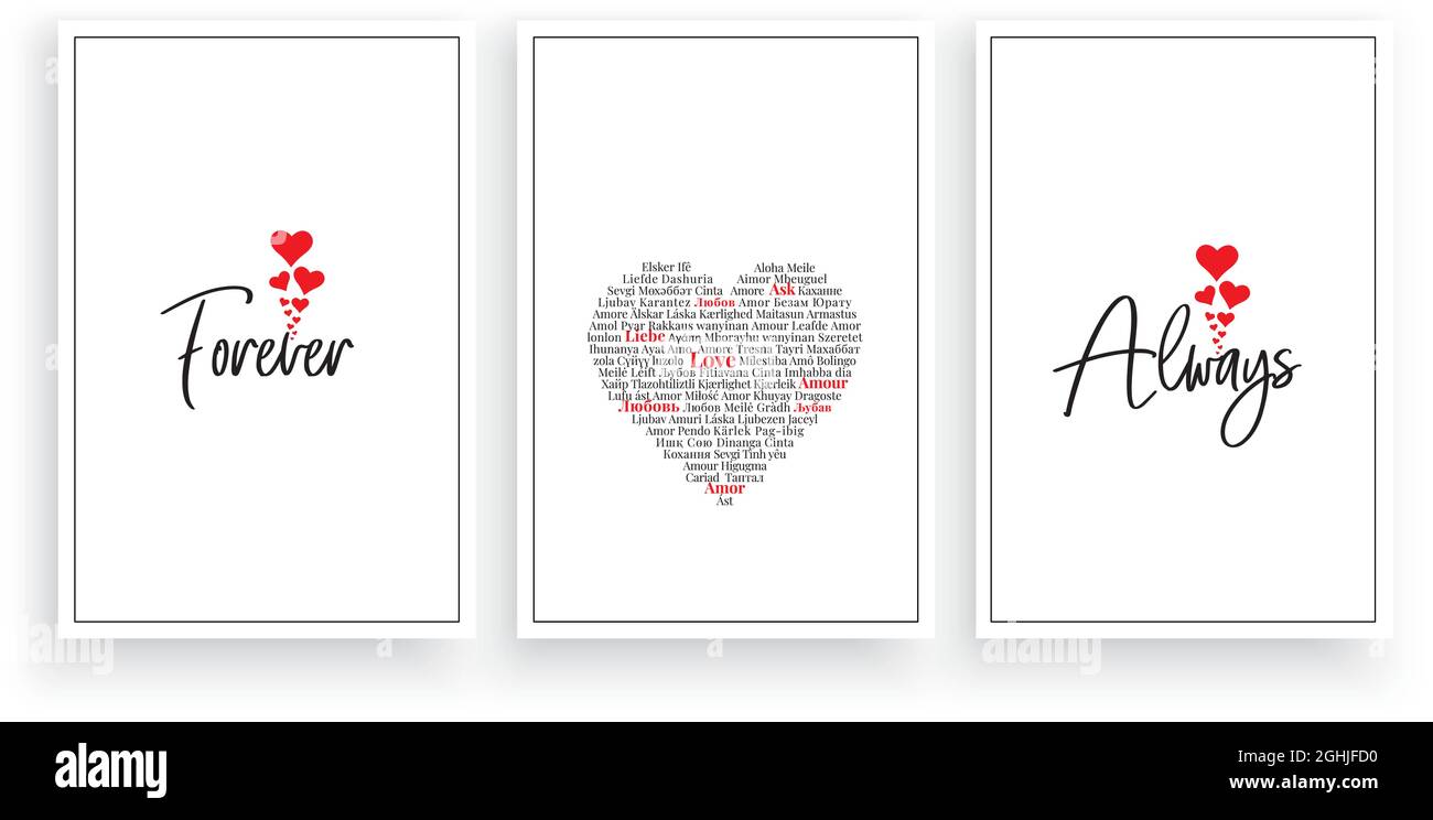 Sempre e per sempre, vettore. Poster dal design minimalista scandinavo in  tre pezzi. Romantiche citazioni d'amore. Amore in lingue diverse Immagine e  Vettoriale - Alamy