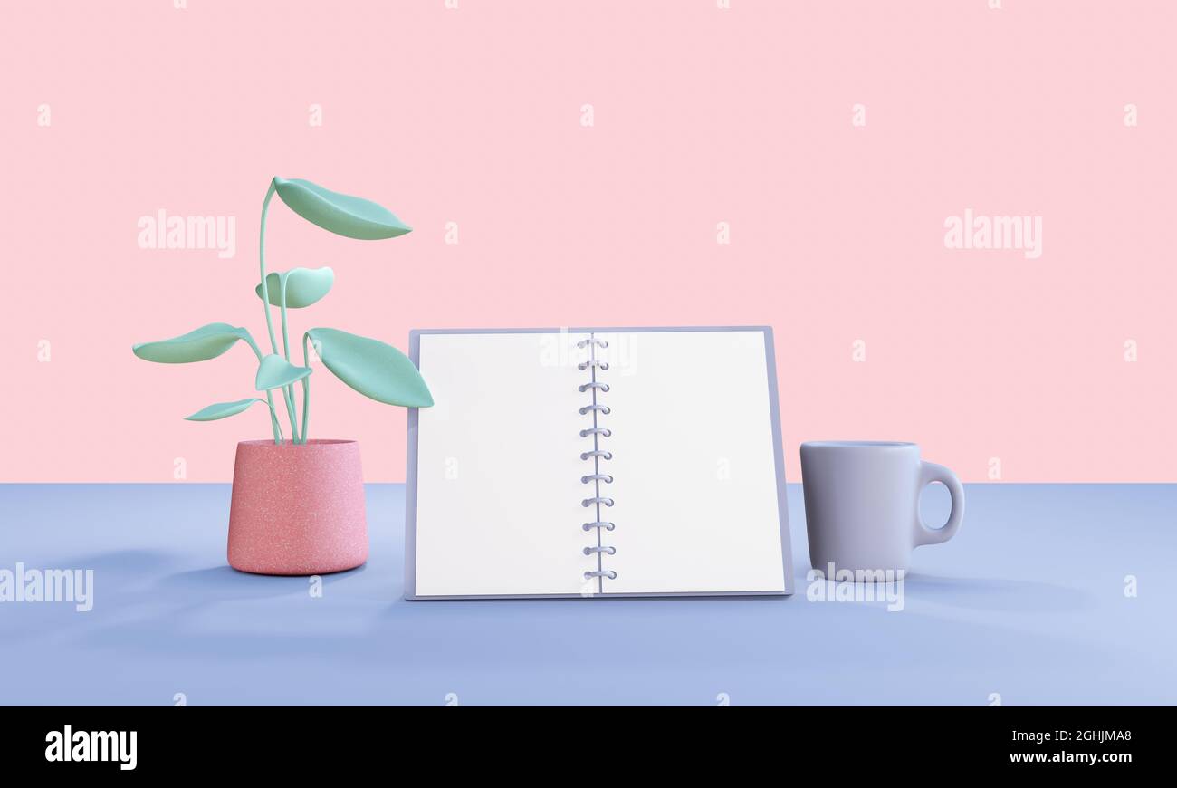 Illustrazione in 3D di un notebook vuoto sulla scrivania con tazza e pianta della casa. Spazio di copia. rendering 3d. Foto Stock