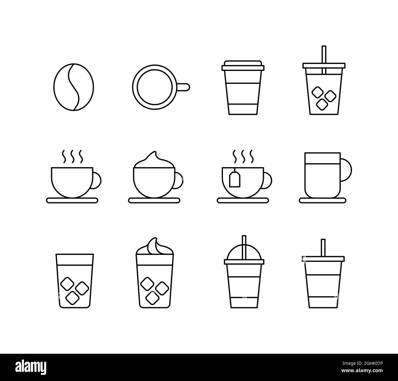 Una serie di illustrazioni icone relative al caffè come caffè, caffè ghiacciato, americano e takeout. Foto Stock