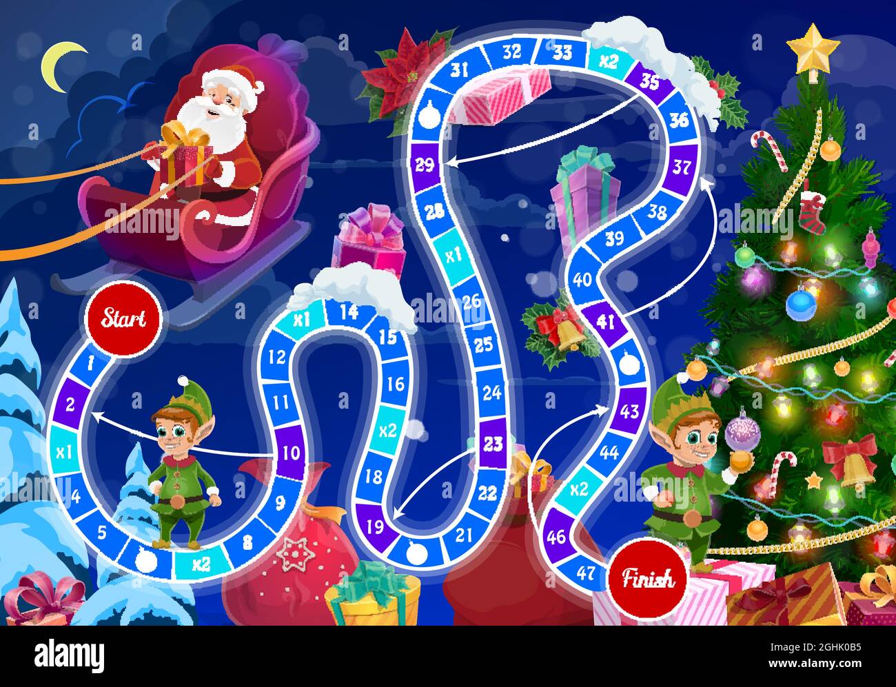 Gioco da tavolo per bambini con Babbo Natale ed elfi. I bambini giocano attività, le vacanze invernali dei bambini rotolano e spostano il gioco da tavolo con Babbo Natale volare in sle Illustrazione Vettoriale