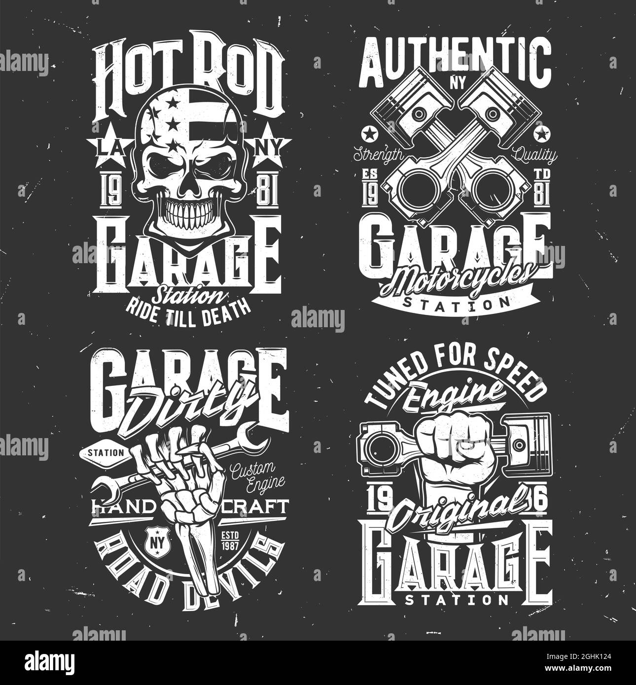 Cranio, garage motociclista e stampe personalizzate di t-shirt vettoriali chopper. Cranio in caschetto bandiera americana, emblema motociclista club, scheletro Illustrazione Vettoriale