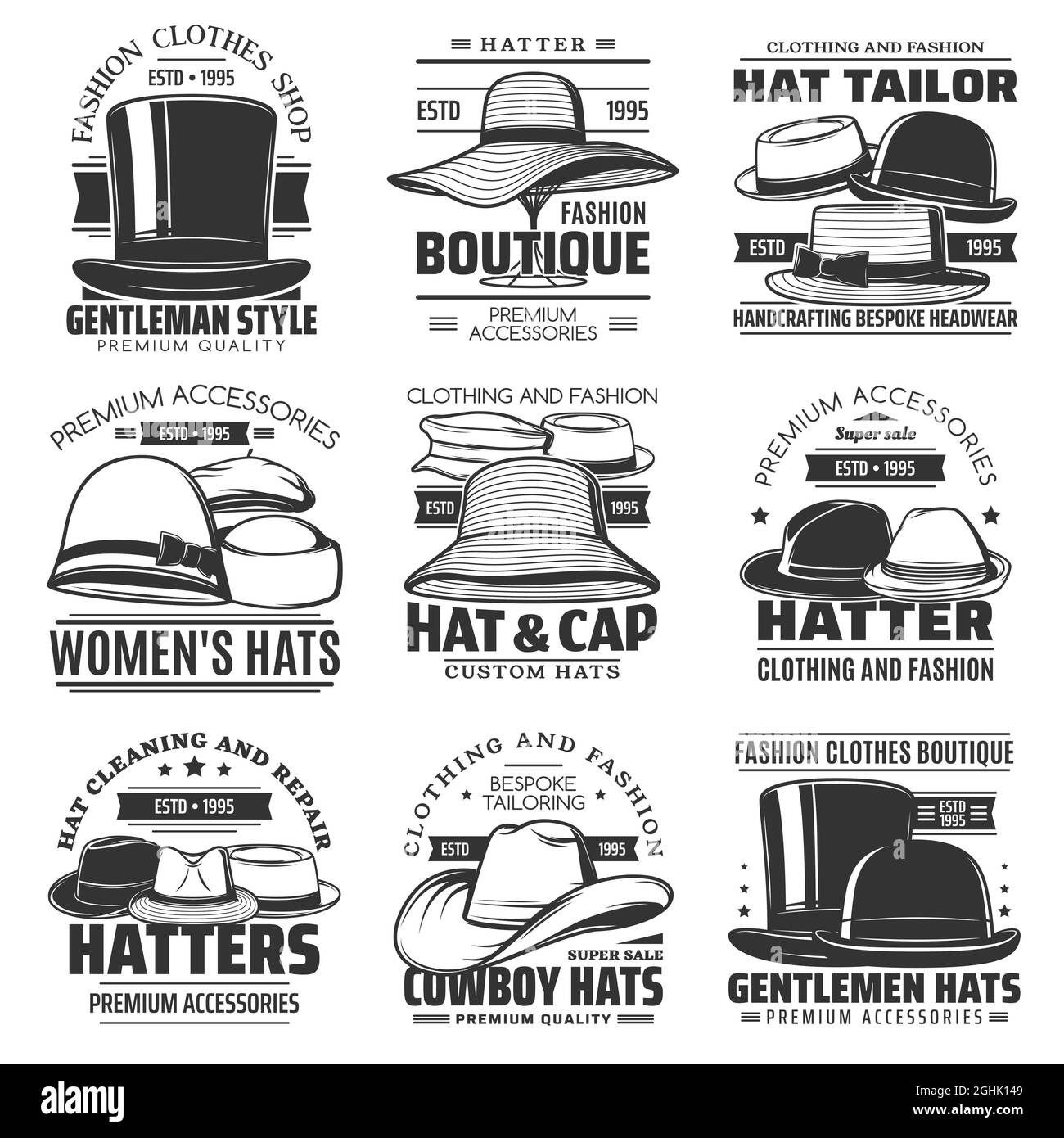 Hatter, cappello su misura e cappello cowboy icone, headwear negozio o  hatmaking salone di mulino vettore emblemi. Berretti da uomo e cappelli  retrò da donna su misura e Immagine e Vettoriale -