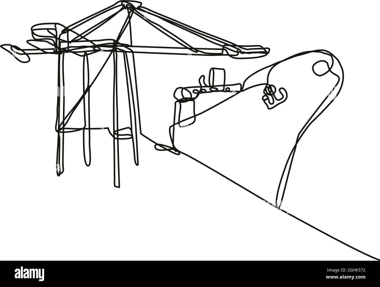 Illustrazione di un disegno in linea continua di una gru a braccio che carica una nave da carico eseguita in monocolinea o in stile doodle in bianco e nero su sfondo isolato. Illustrazione Vettoriale