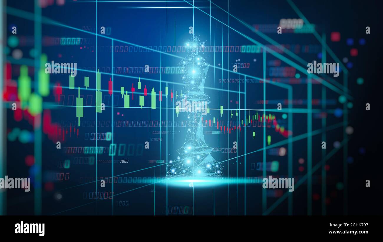 Gioco di scacchi su scacchiera dietro gli indicatori della tabella del forex o grafico del mercato azionario in background astratto. Business Concept per presentare informazioni finanziarie Foto Stock