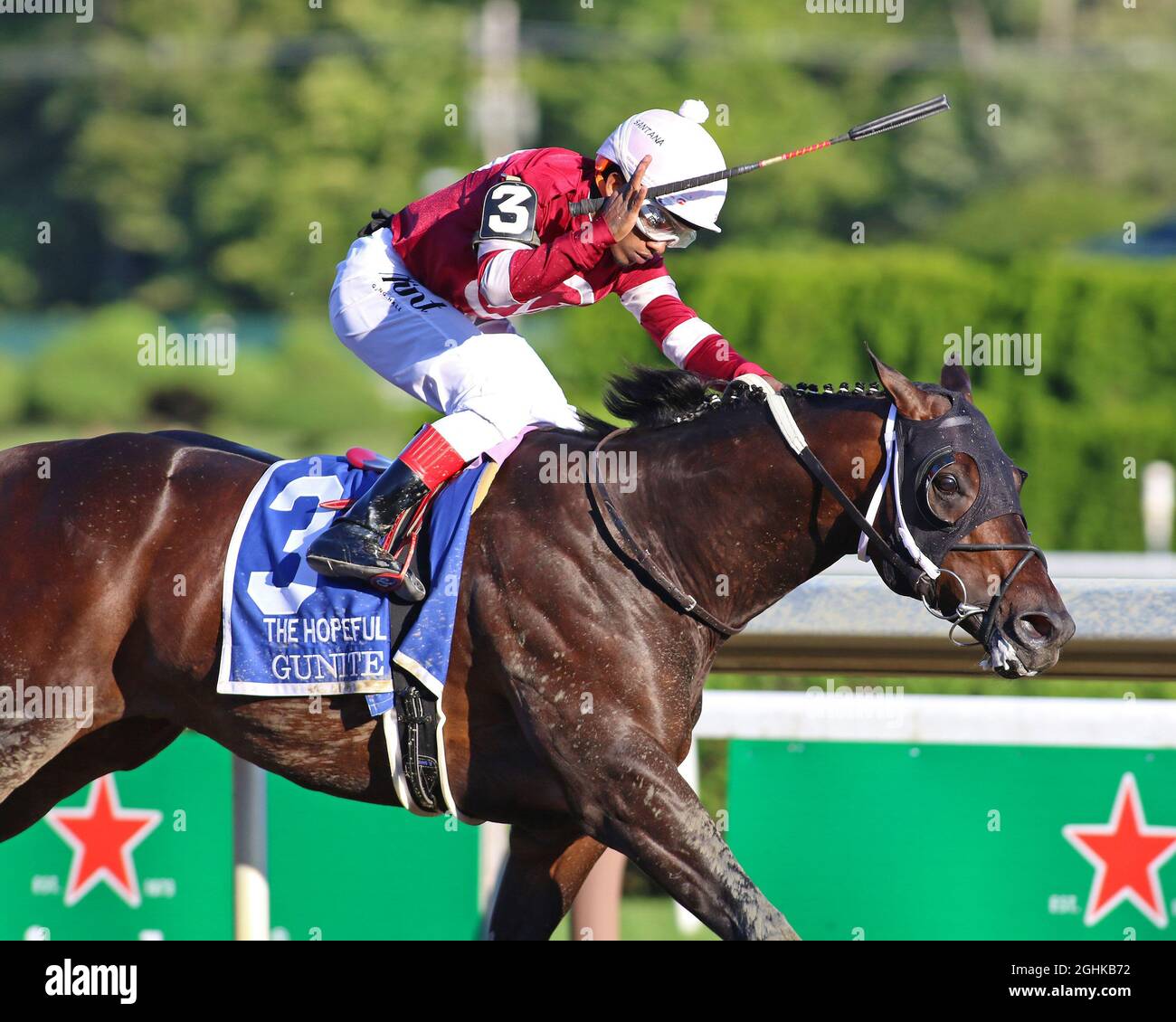 Saratoga Springs, Stati Uniti. 06 settembre 2021. Gunite #3, guidato da Ricardo Santana, Jr. Vince la speranza (Gr.i) al Saratoga Race Course di Saratoga Springs, New York lunedì 6 settembre 2021. Foto di Mark Wyville/UPI Credit: UPI/Alamy Live News Foto Stock