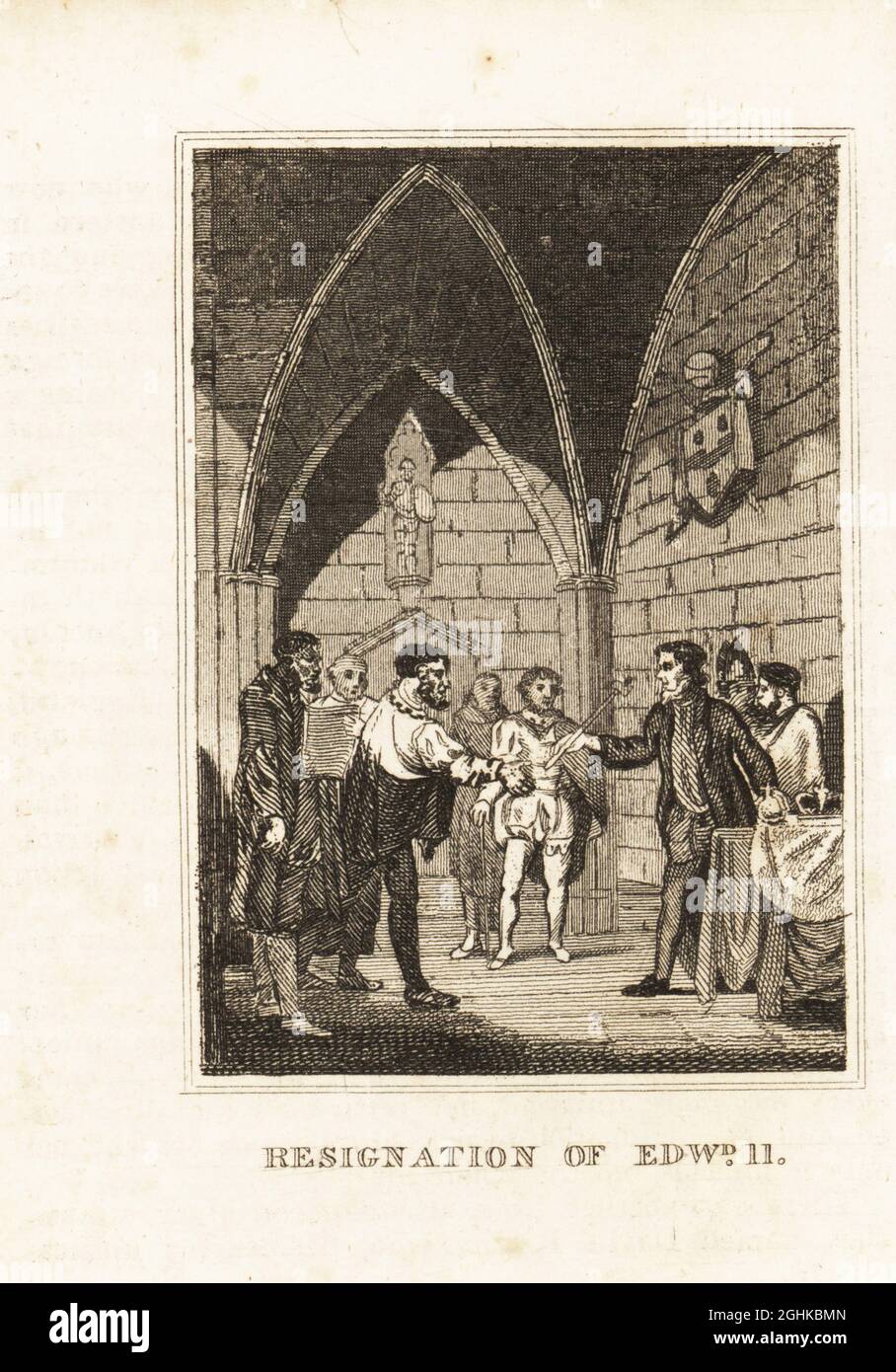 Re Edoardo II costretto ad abdicare da Tommaso, conte di Lancaster, vescovi e signori nel castello di Kenilworth, 1327. Dimissioni del re Edoardo II. Incisione in copperplate dalla Storia d’Inghilterra di M. A. Jones da Giulio Cesare a Giorgio IV, G. Virtue, 26 Ivy Lane, Londra, 1836. Foto Stock