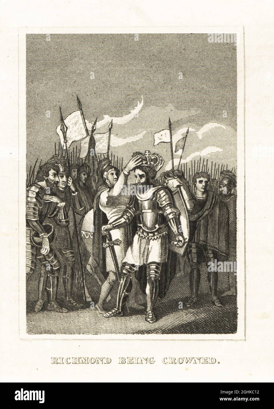 Enrico Tudor, II conte di Richmond, incoronò il re Enrico VII d'Inghilterra nella battaglia di Bosworth Field, 1485. In corazza piena con scudo e spada, circondata dalle sue truppe. Richmond è stata incoronata. Incisione in copperplate dalla Storia d’Inghilterra di M. A. Jones da Giulio Cesare a Giorgio IV, G. Virtue, 26 Ivy Lane, Londra, 1836. Foto Stock