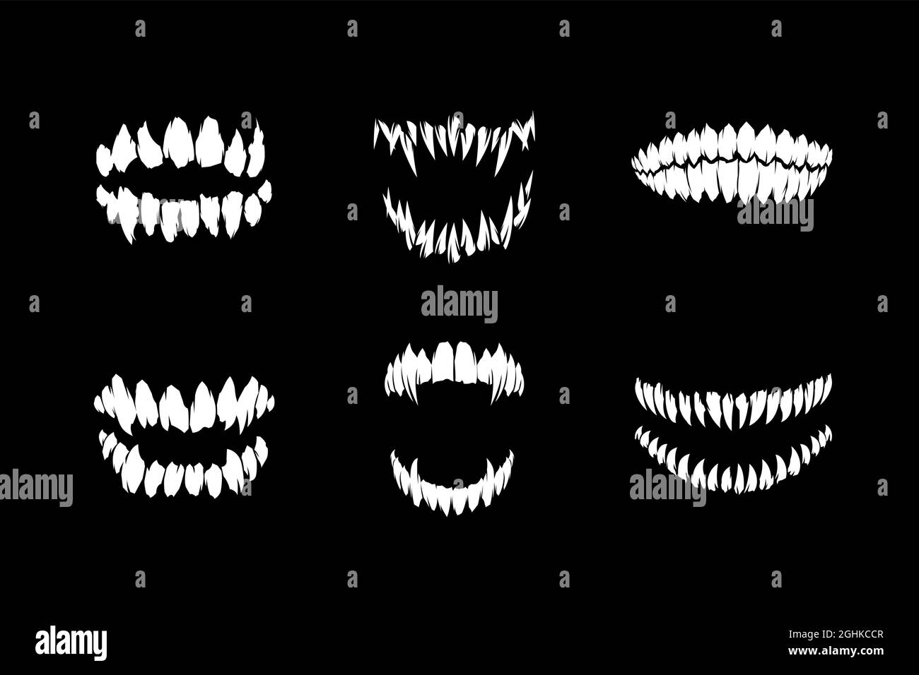 Horror mostro e vampiro o zombie fangs denti silhouette collezione di illustrazione vettoriale isolato su sfondo nero Illustrazione Vettoriale