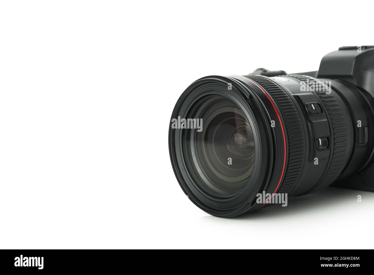 Fotocamera con obiettivo isolato su sfondo bianco Foto Stock