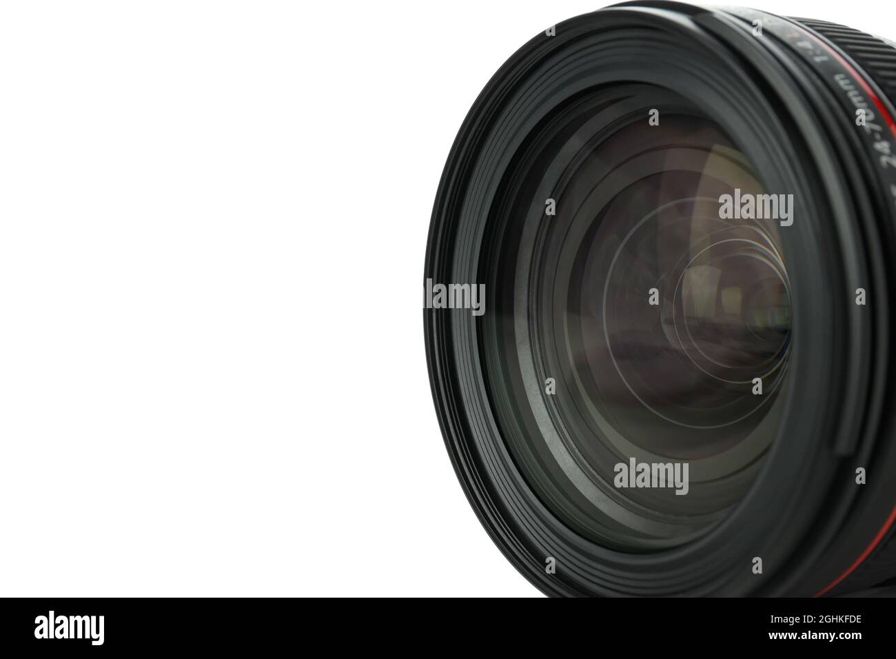 Obiettivo della fotocamera isolato su sfondo bianco, primo piano Foto Stock