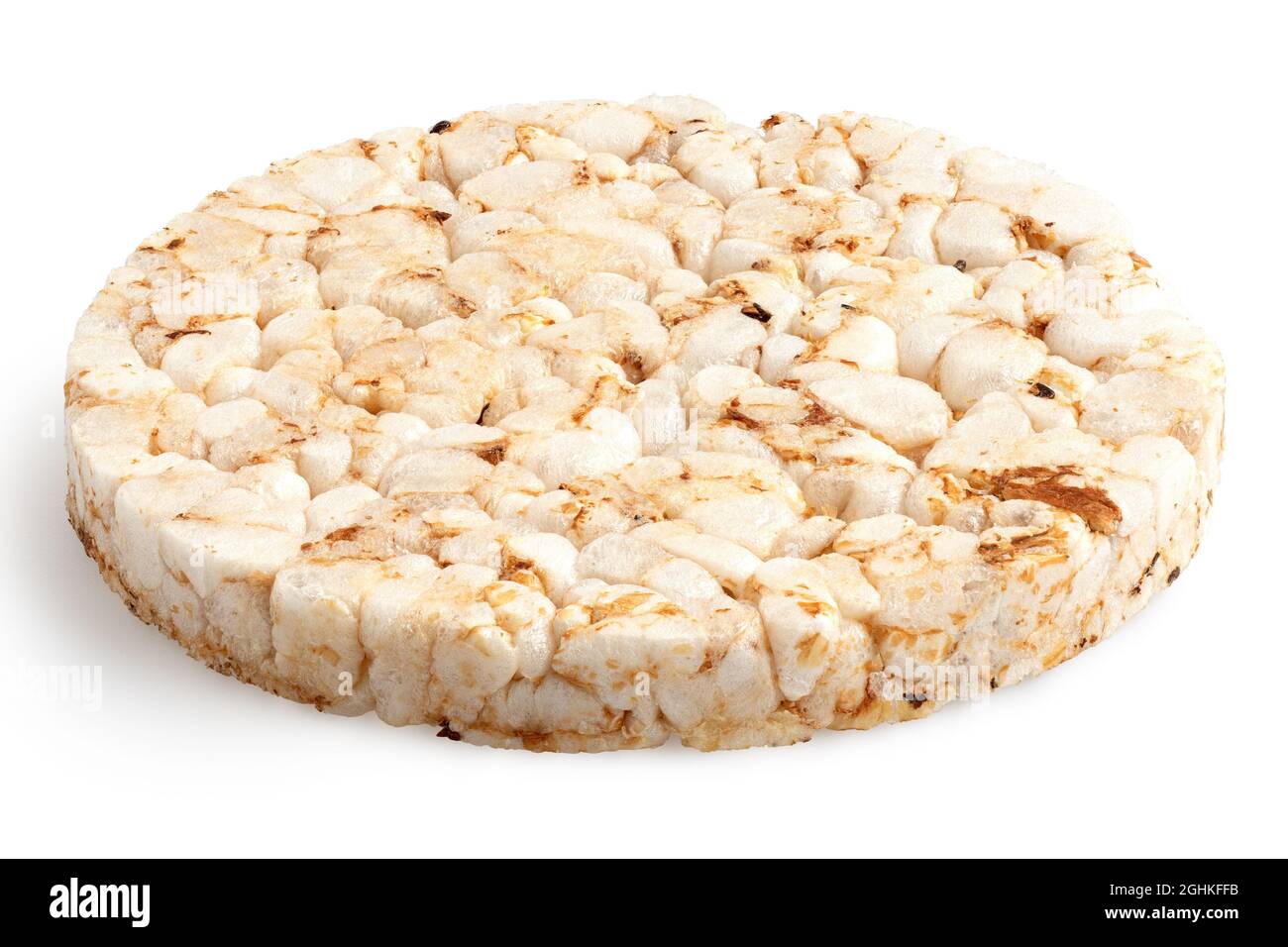 Torta di riso marrone soffiato semplice isolata su bianco. Foto Stock Torta di riso marrone soffiato semplice isolata su bianco. Foto Stock