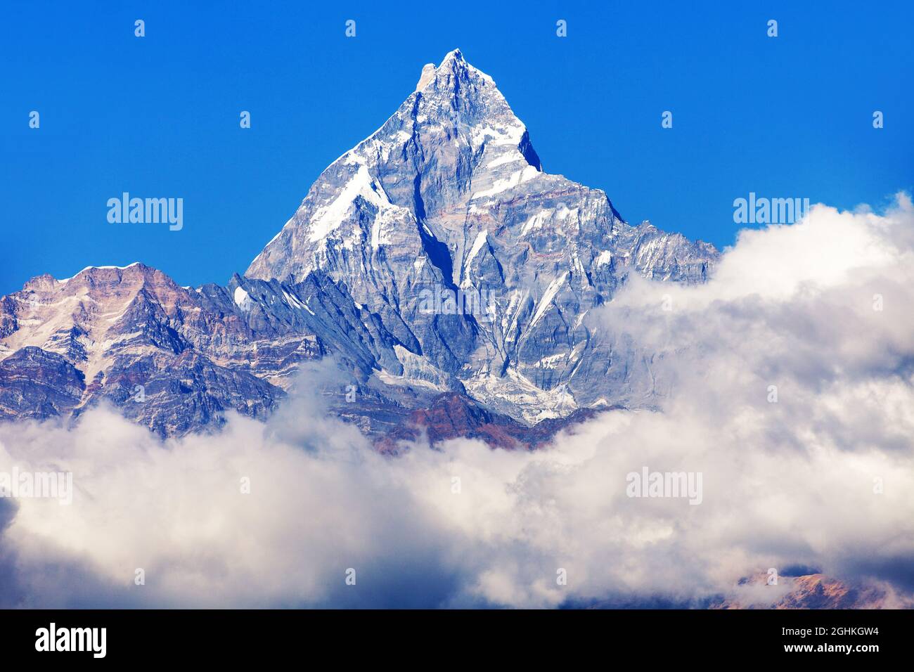 Vista del monte Machhapuchhre o Machhapuchhare, zona Annapurna, Nepal Himalaya montagne Foto Stock