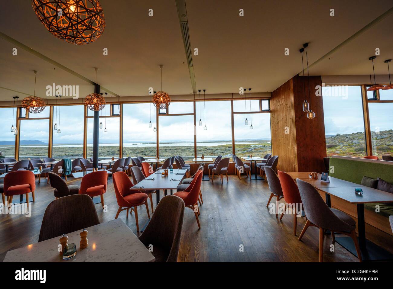 L'interno del ristorante Fosshotel Myvatn si trova sulla circonvallazione In Islanda Foto Stock