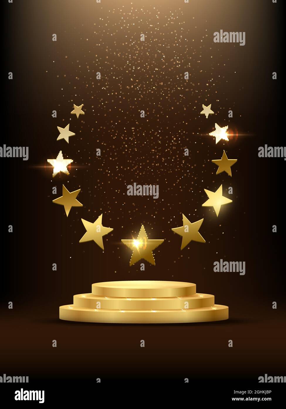 Podio d'oro con stelle brillanti. Palcoscenico d'oro con glitter e fumo chiaro su sfondo scuro. Fama di Hollywood nel cinema e nel campionato in spo Illustrazione Vettoriale