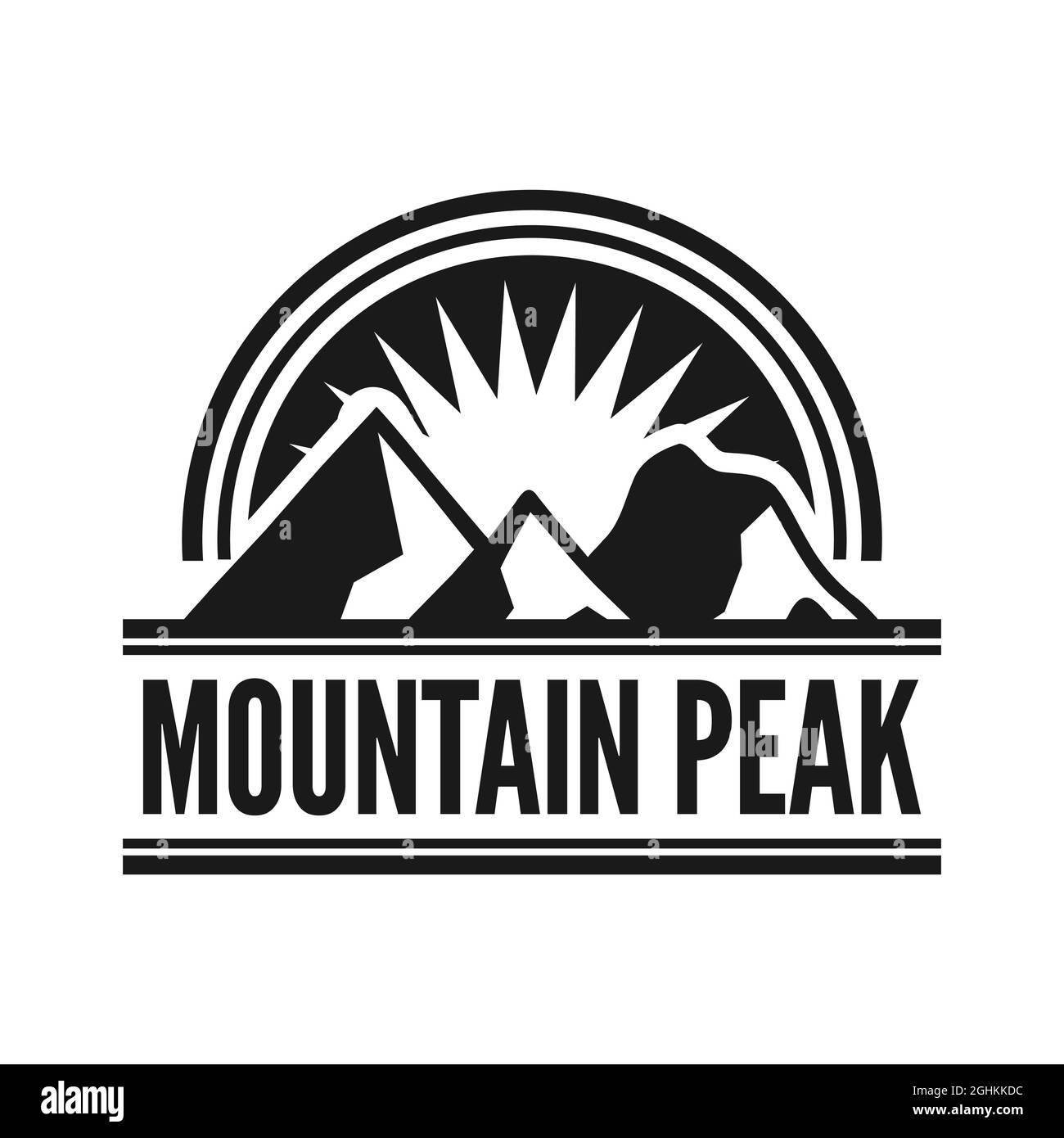 Tramonto sulla cima della montagna. Logo del design tipografico Mountain Peak. Sci e snowboard. Logo dell'alba di montagna. Simbolo delle colline di neve. Illustrazione Vettoriale
