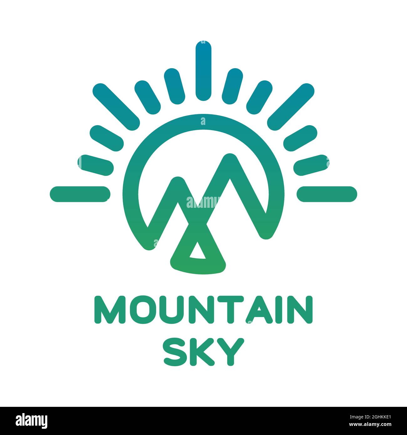 Logo Mountain Sky. Verde blu colline, cielo e sole linea icona. Simbolo lineare dei picchi di montagna. Alba sulla cima della montagna. Escursioni, alpinismo. Vettore Illustrazione Vettoriale