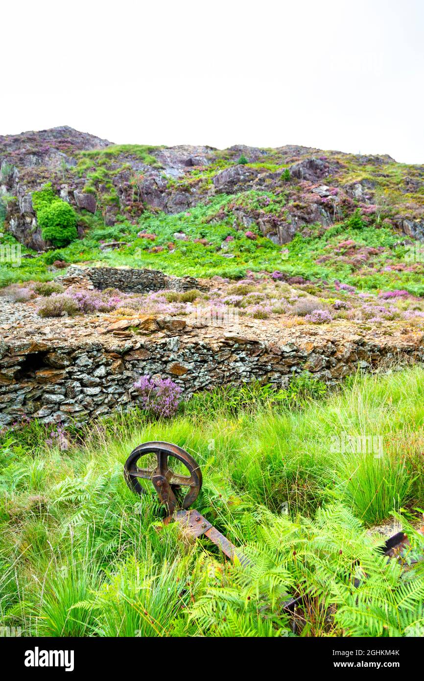 Vecchi resti di una funivia per miniere di rame utilizzati per il trasporto di minerale di rame lungo il sentiero per la cima Mynydd Sygyn, Snowdonia, Galles, Regno Unito Foto Stock