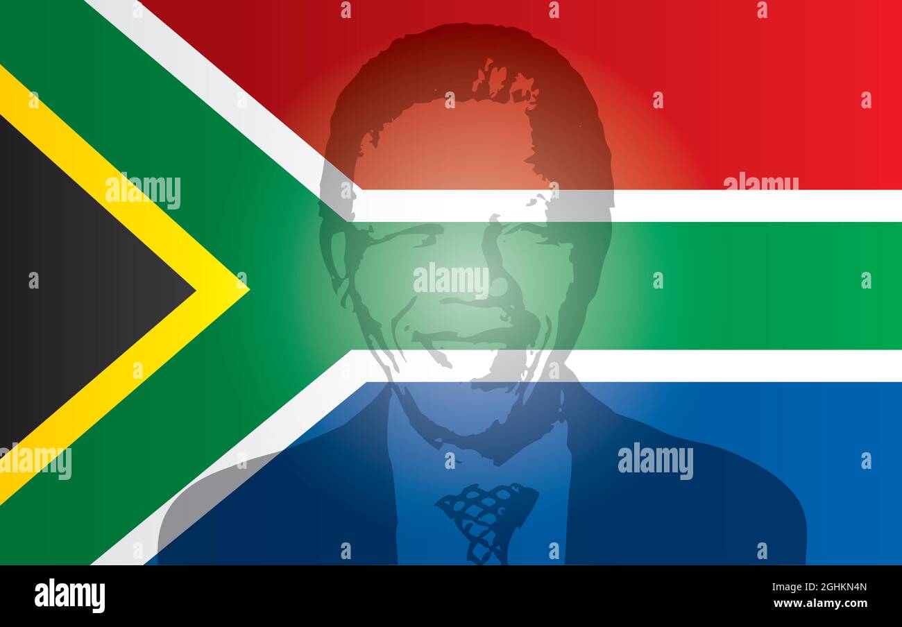 Bandiera sudafricana con immagine di Nelson Mandela, illustrazione vettoriale Illustrazione Vettoriale