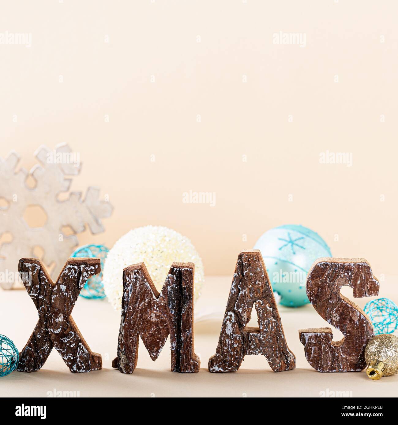 Sfondo di Natale con lettere in piedi di legno Foto Stock