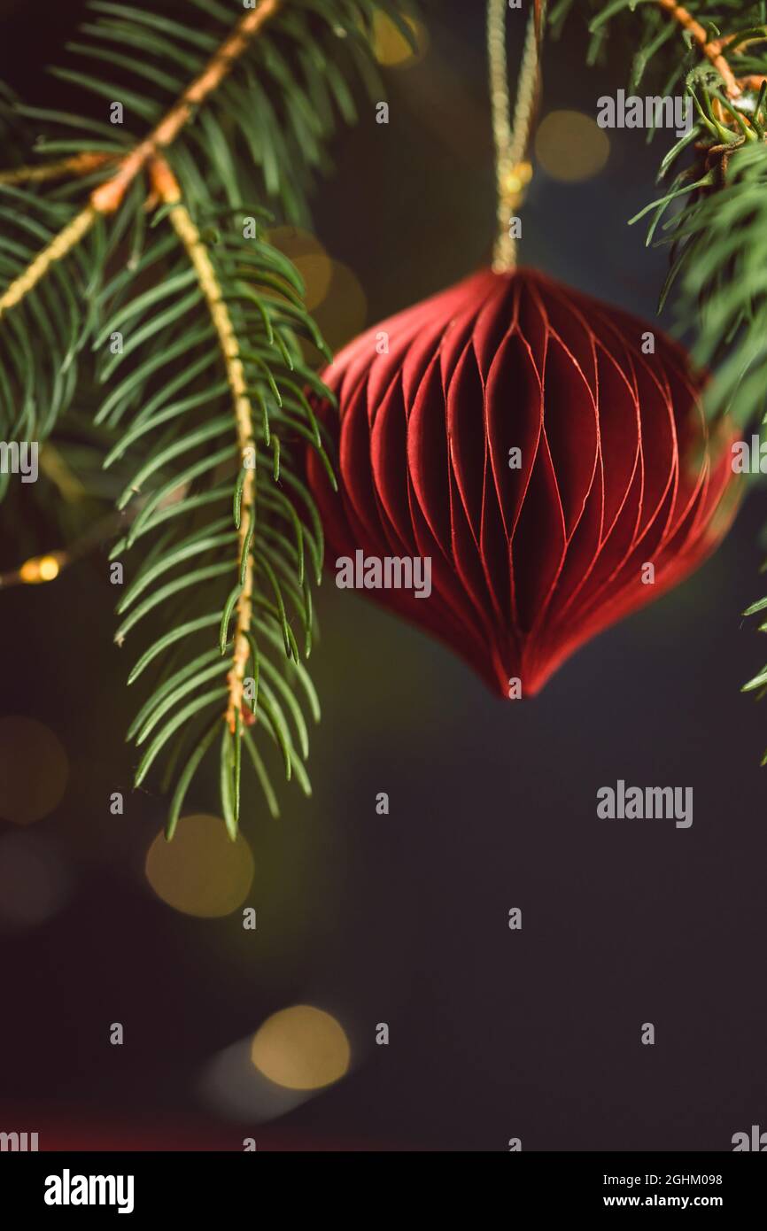 Decorazione rossa della carta di Natale su ramo di abete rosso contro le luci della ghirlanda. Foto Stock