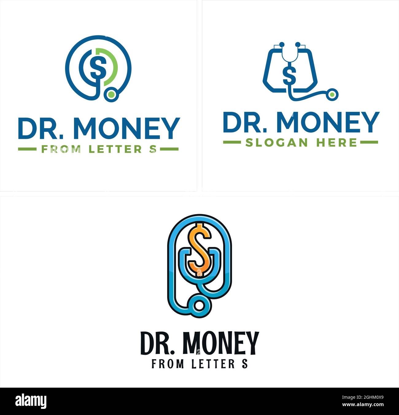 Business medico stetoscopio finanziario design logo medico Illustrazione Vettoriale