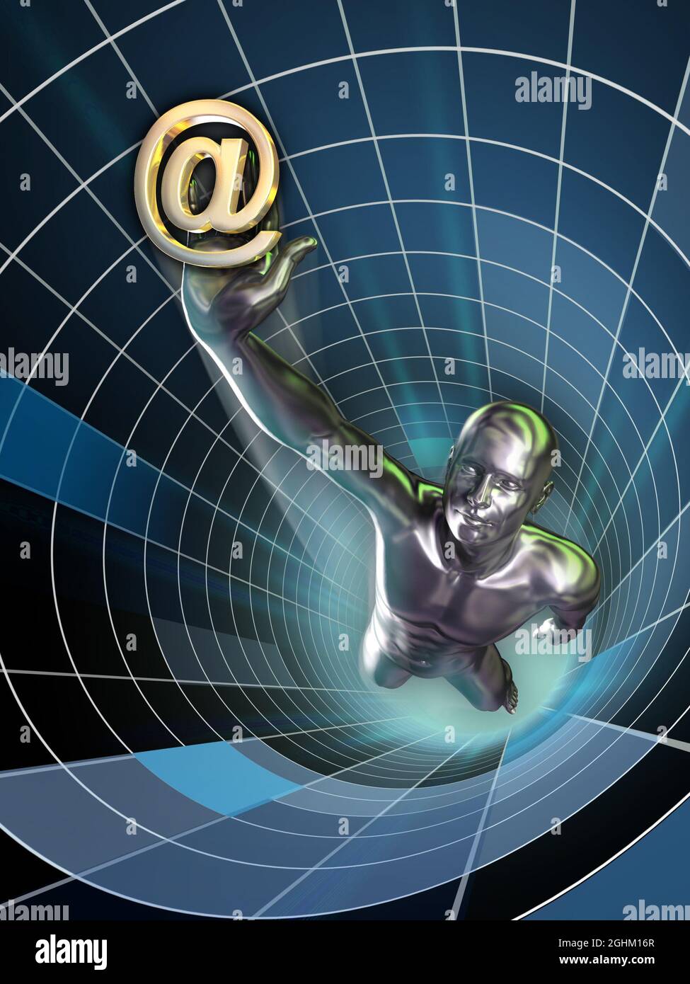 android metallico vola in un tunnel digitale e tiene in mano un simbolo di posta elettronica. Illustrazione digitale. Foto Stock