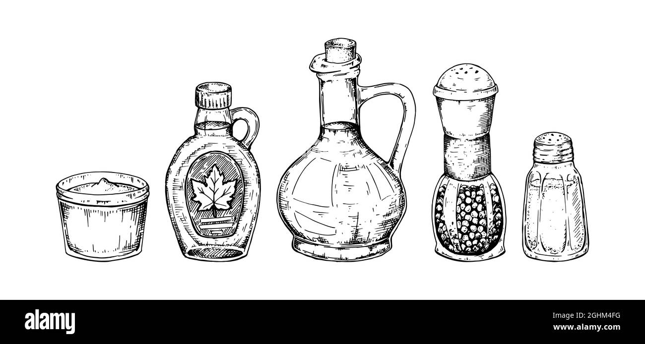 Set di condimenti disegnati a mano. Illustrazione vettoriale in stile di schizzo Illustrazione Vettoriale