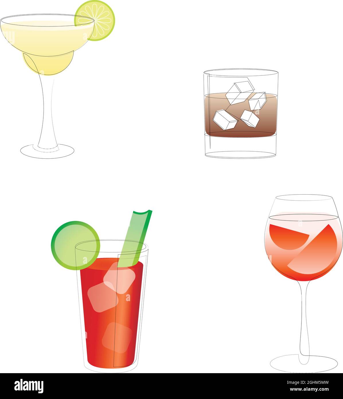 Set di cocktail di linea margarita, russo bianco o whiskey con ghiaccio, sangue maria e aperol spritz disegno su sfondo bianco. Illustrazione Vettoriale