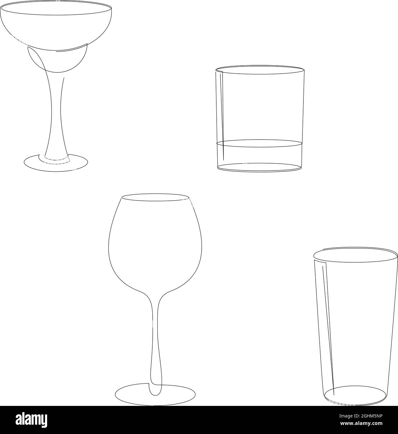 Un set di bicchieri da cocktail vuoti a una linea. Margarita, vetro o rocce vecchio stile, wineglass e highball. Menu bevande design a un colpo. Illustrazione vettoriale Illustrazione Vettoriale