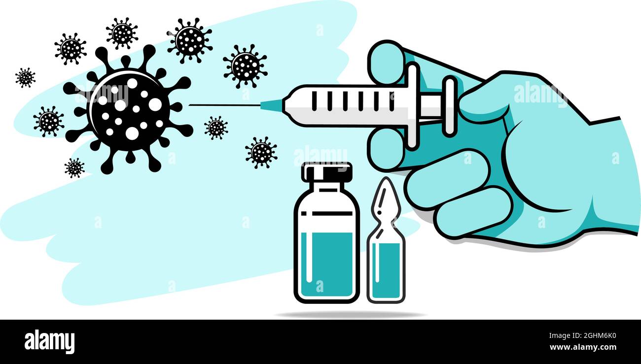 Mano del medico in guanto medico iniettare il vaccino contro il coronavirus. Flacone e flaconcino contenente farmaco per COVID-19. È il momento di vaccinare poster o sito web Illustrazione Vettoriale