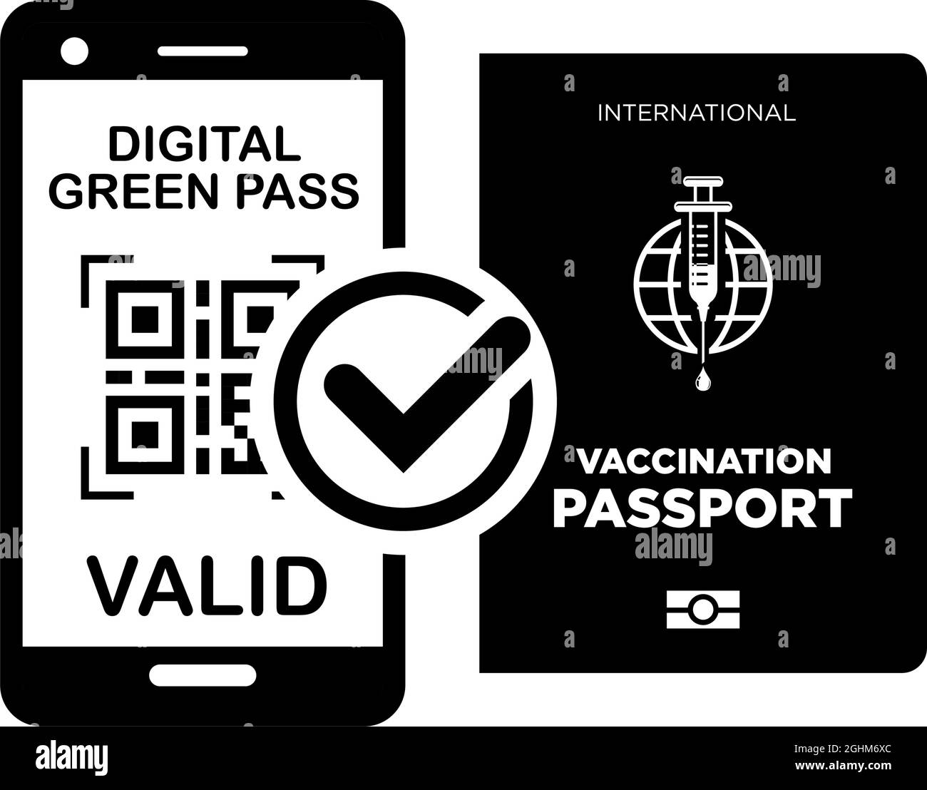 Passaporto di vaccinazione internazionale e green pass digitale su smartphone. Icone vettoriali su sfondo trasparente Illustrazione Vettoriale