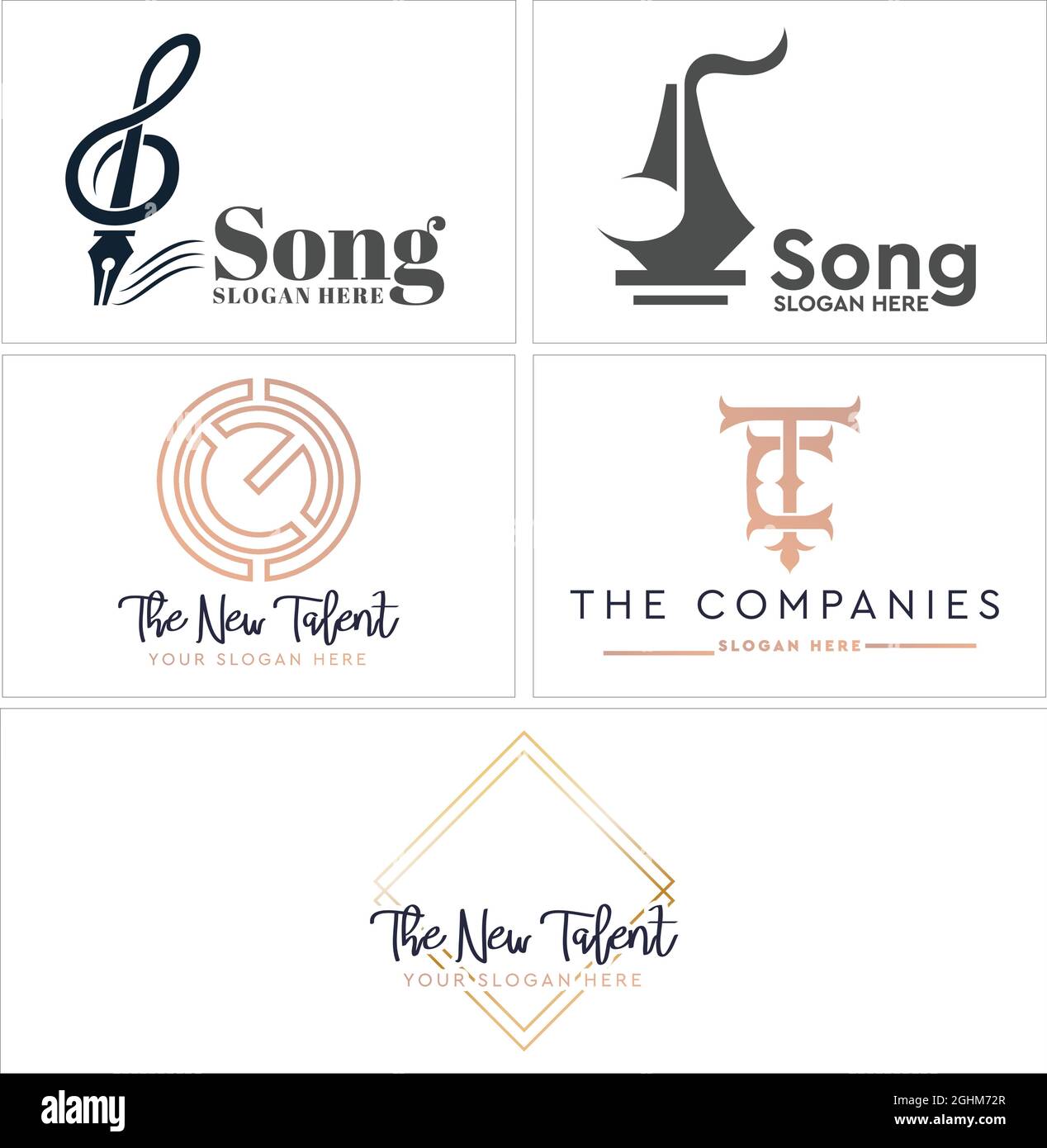 Design del logo della nota chiave musicale della penna per l'intrattenimento Illustrazione Vettoriale