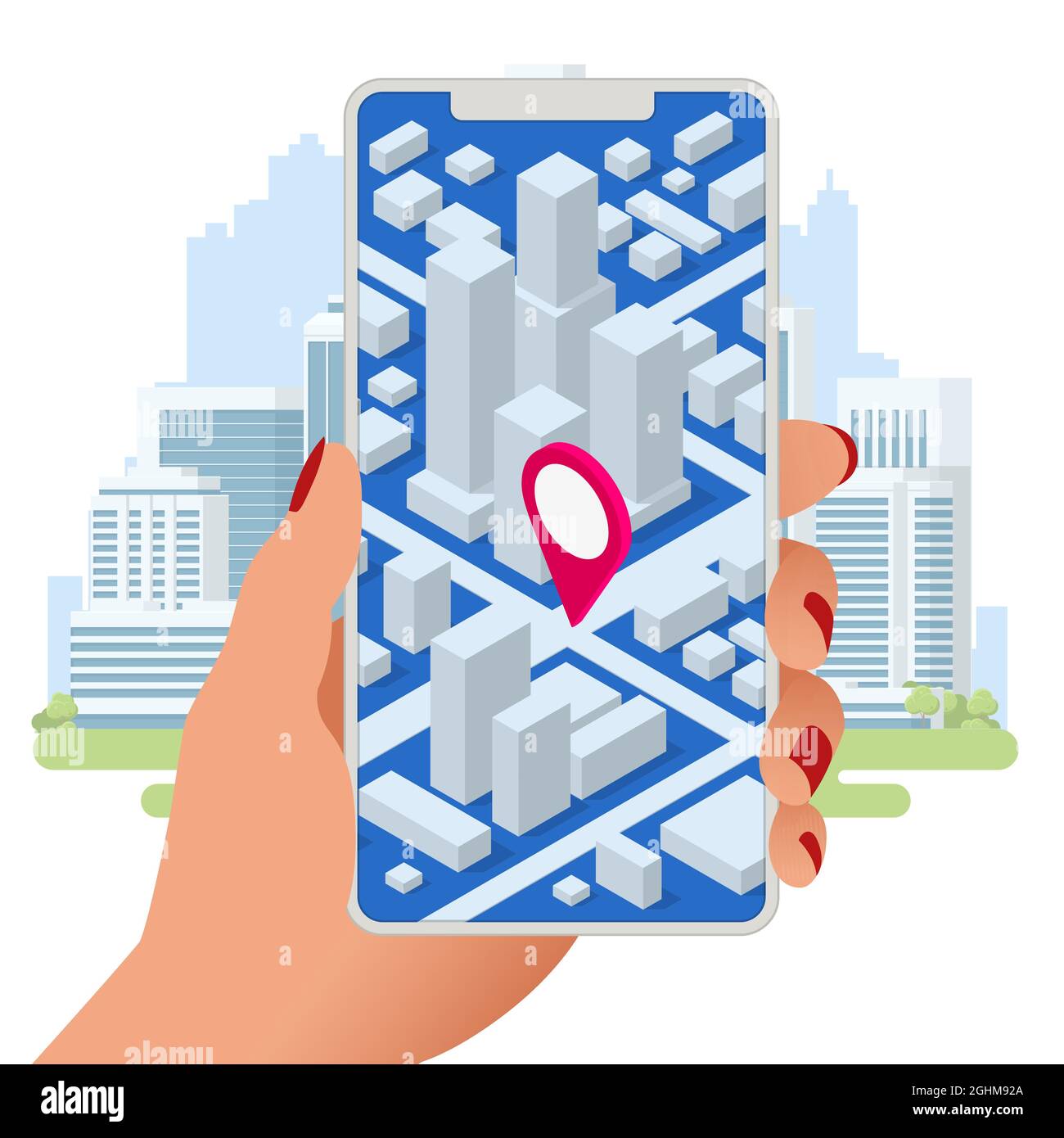 Posizione isometrica dell'app di monitoraggio sullo smartphone touchscreen. Mappa stradale con navigazione GPS. Mappa di navigazione della città con pin. Illustrazione Vettoriale