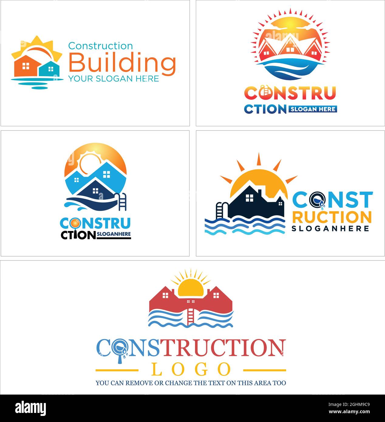 Costruzione di edifici, piscina, design con logo Illustrazione Vettoriale