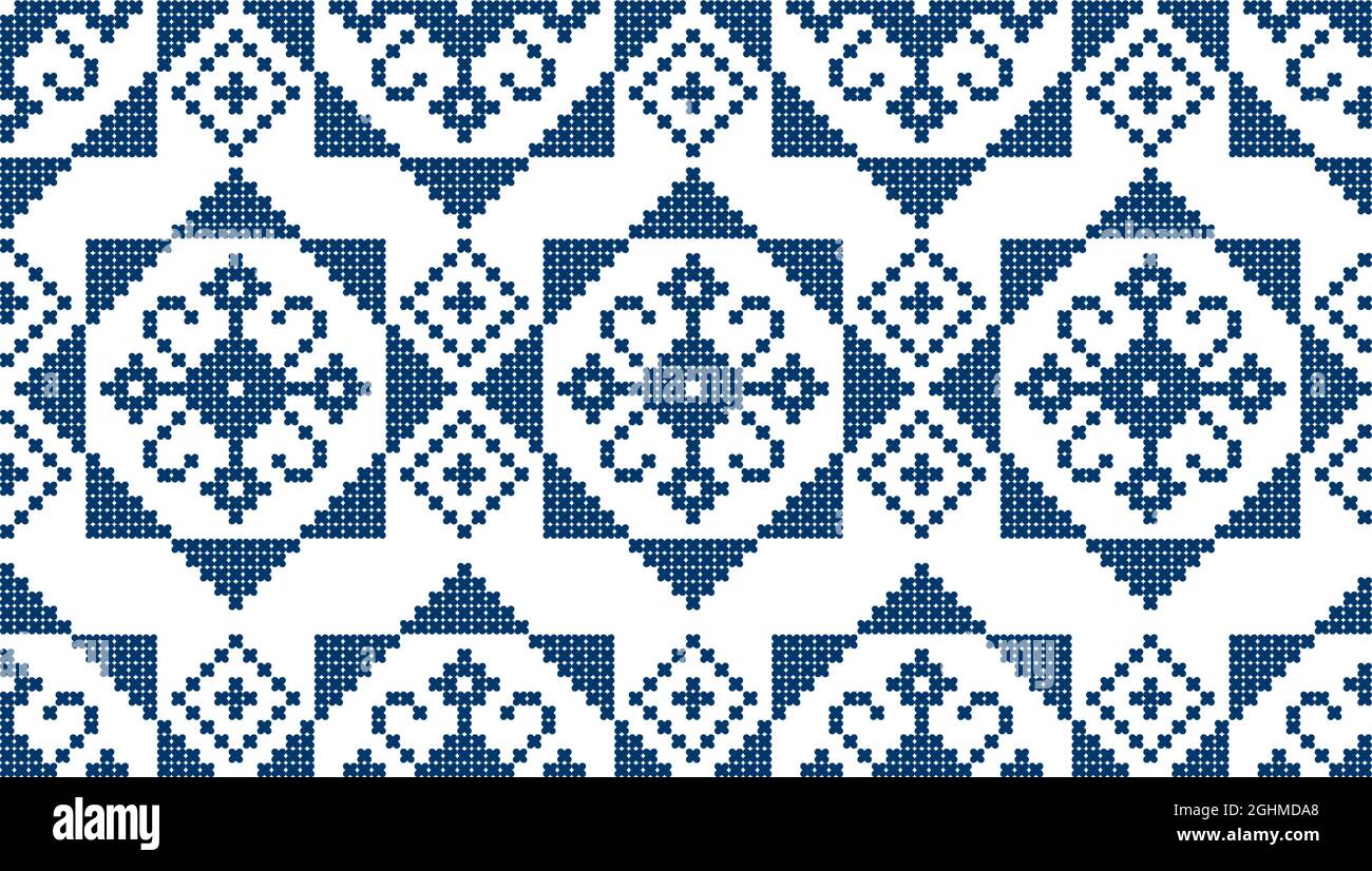 Zmijanjski vez tradizionale motivo vettoriale ispirato a cuciture incrociate senza cuciture - tessuto o stampa stampa folk art design in blu marino di Bosnia ed Erzeg Illustrazione Vettoriale
