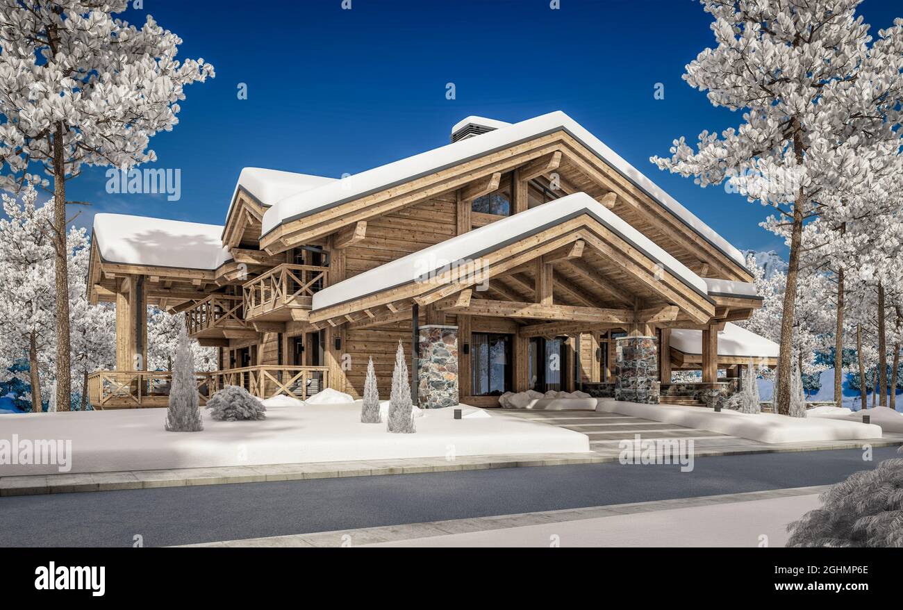 3d rendering di chalet moderno e accogliente con piscina e parcheggio in vendita o in affitto. Splendide montagne forestali sullo sfondo. Colonne con travi in legno massiccio. COO Foto Stock