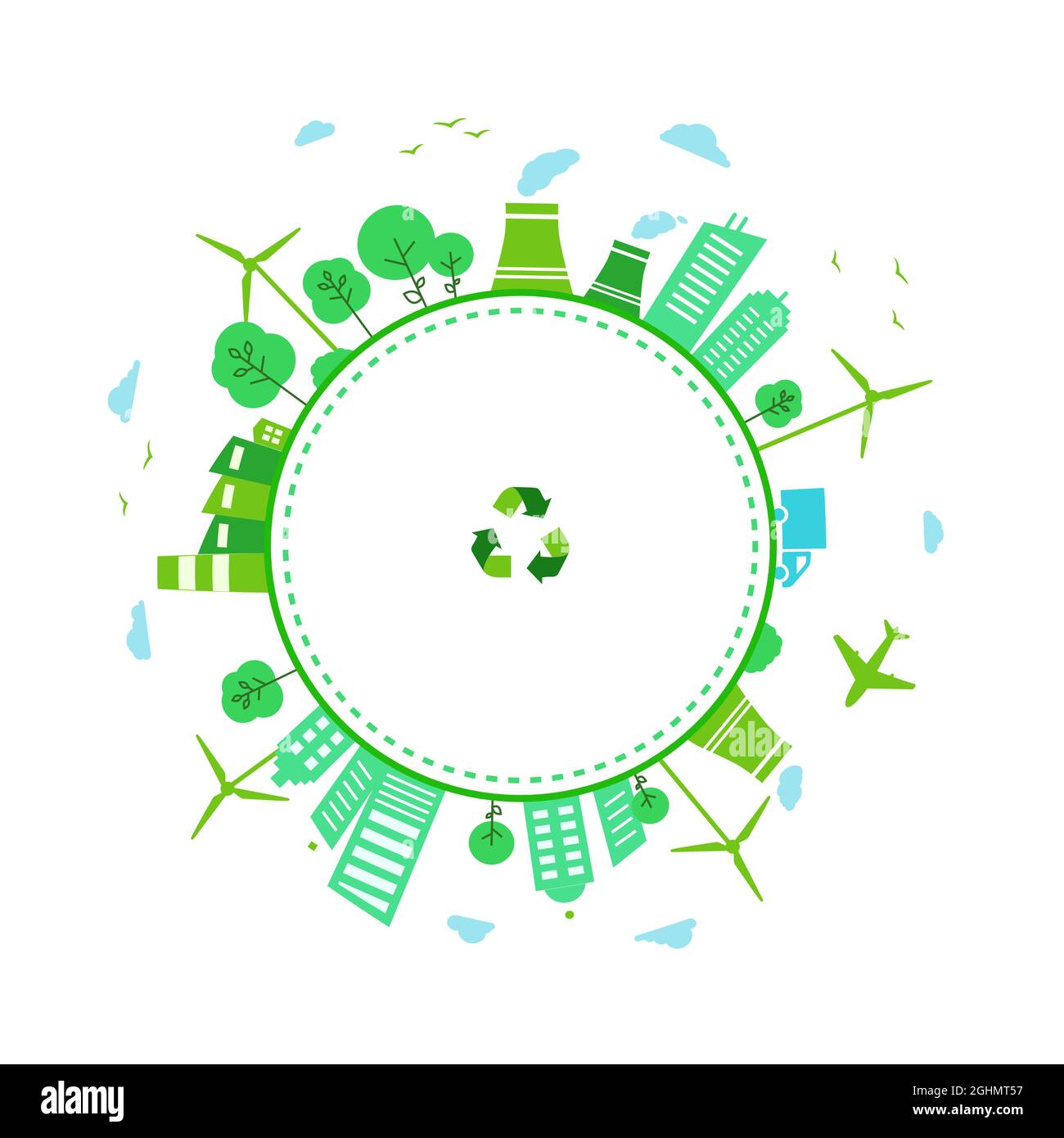 Concetto di riciclaggio e città verde. Piante eco-compatibili ed energia eolica da mulini a vento. Illustrazione Vettoriale