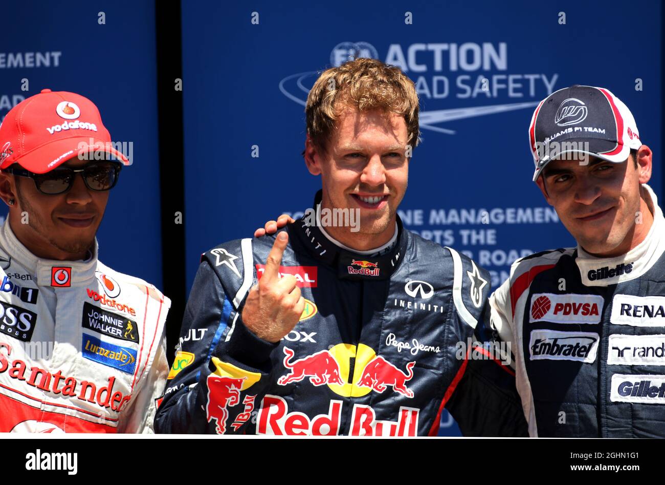 Lewis Hamilton (GBR), McLaren Mercedes, Sebastian Vettel (GER), Red Bull Racing e Pastor Maldonado (VEN), Williams F1 Team 23.06.2012. Formula 1 World Championship, Rd 8, Gran Premio d'Europa, Valencia, Spagna, Giorno di qualificazione Foto Stock